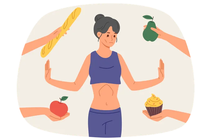 Mujer con anorexia y distrofia se niega a comer parada entre manos con frutas y pasteles  Ilustración