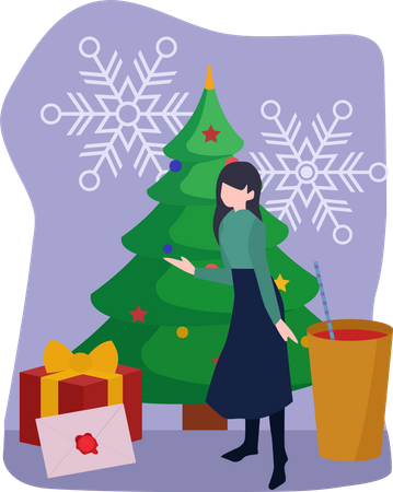 Mujer con arbol de navidad  Ilustración