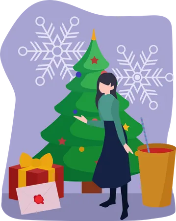 Mujer con arbol de navidad  Ilustración