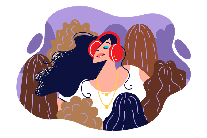 Mujer con auriculares escucha música  Ilustración