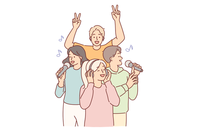 Mujer con auriculares escucha música popular  Ilustración
