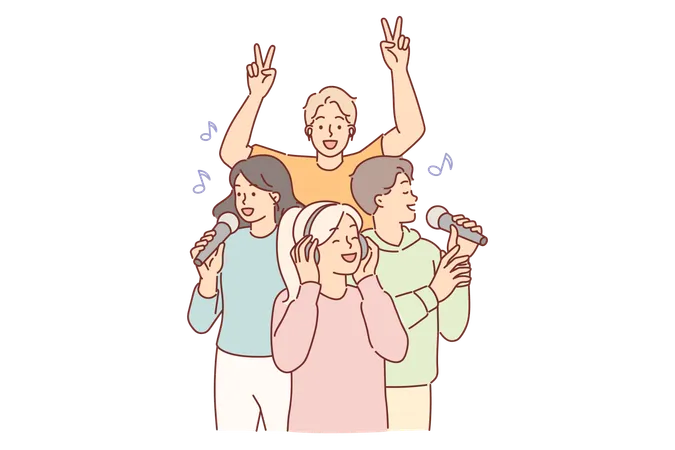 Mujer con auriculares escucha música popular  Ilustración