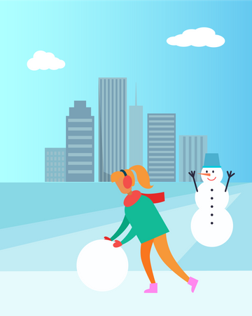 Mujer con auriculares hace muñeco de nieve  Ilustración