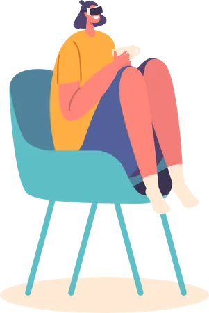Mujer con auriculares sentada en una silla con café  Ilustración