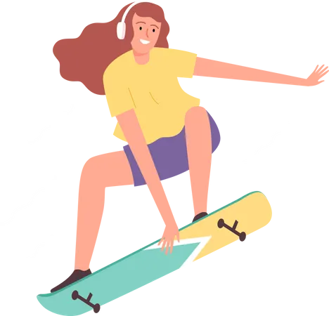 Mujer con auriculares y patineta  Ilustración