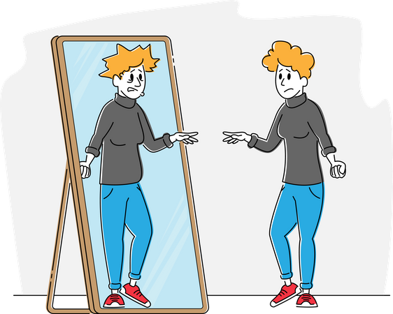 Mujer con baja autoestima mirando el espejo se ve reflejada como una mujer fea con cara vieja y demacrada  Ilustración