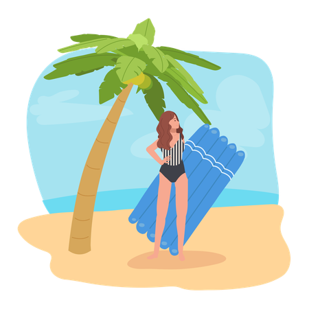 Mujer con balsa de goma disfrutando de vacaciones en la playa  Ilustración