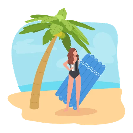 Mujer con balsa de goma disfrutando de vacaciones en la playa  Ilustración