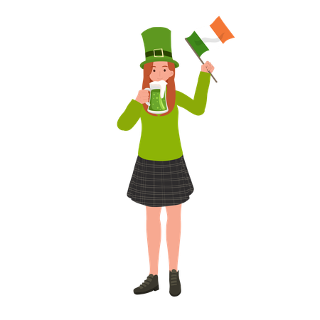 Mujer con bandera irlandesa y bebiendo cerveza  Ilustración