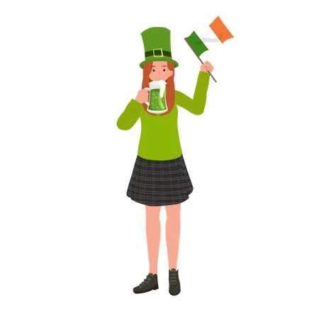 Mujer con bandera irlandesa y bebiendo cerveza  Ilustración