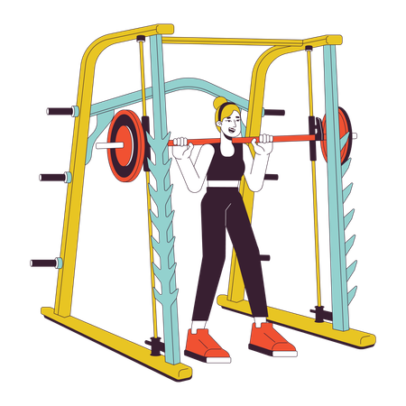 Mujer con barra en power rack de pesas  Ilustración