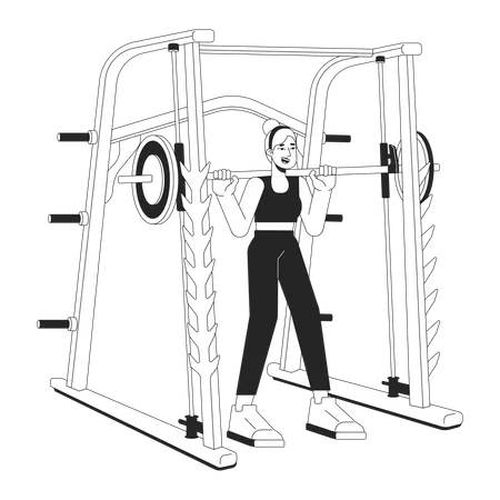 Mujer con barra en power rack de pesas  Ilustración