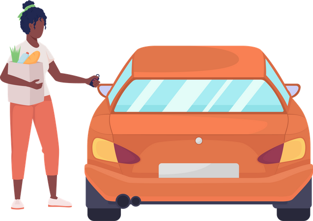 Mujer con bolsa de supermercado y auto abriendo  Ilustración