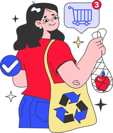 Mujer con bolsa de reciclaje  Ilustración