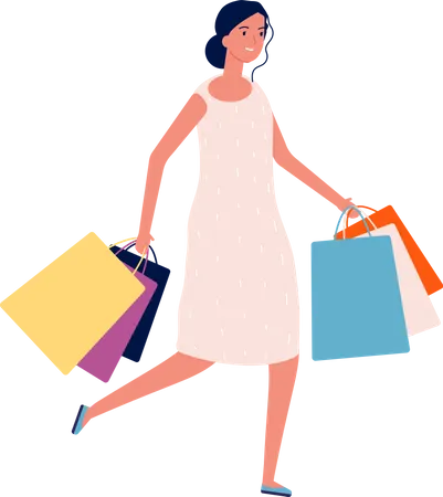 Mujer con bolsas de compras caminando  Ilustración
