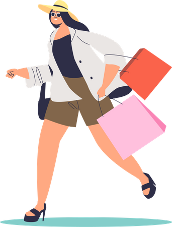 Mujer con bolsas de compras corriendo  Ilustración