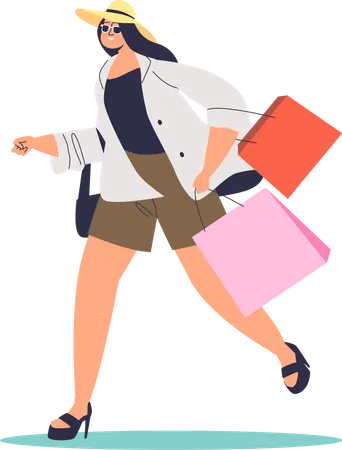 Mujer con bolsas de compras corriendo  Ilustración