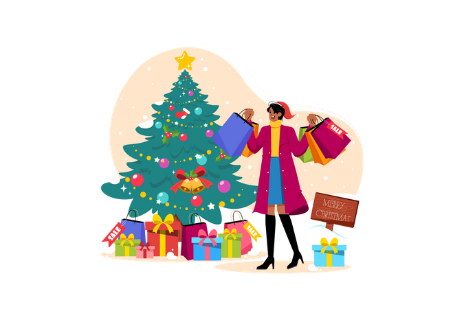 Mujer con bolsas de compras navideñas  Ilustración