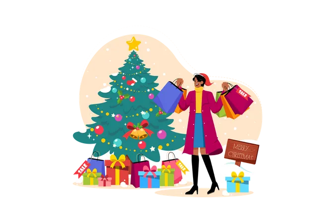 Mujer con bolsas de compras navideñas  Ilustración