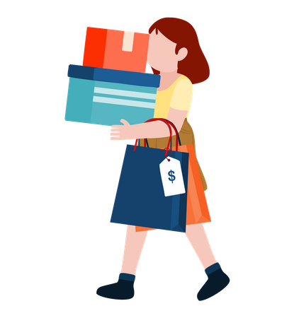 Mujer con bolsas de compras y caja.  Ilustración