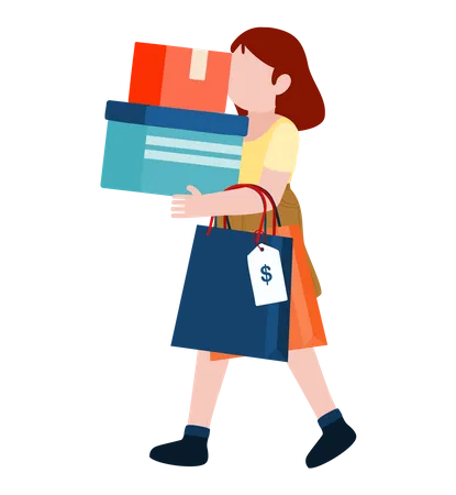 Mujer con bolsas de compras y caja.  Ilustración