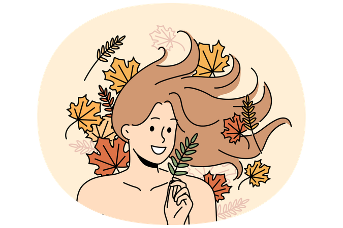 Una mujer con cabello largo y suelto yace entre las hojas de otoño.  Ilustración