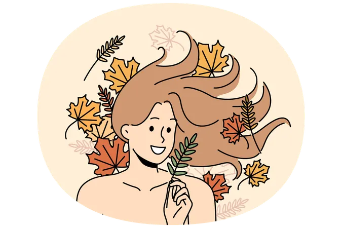 Una mujer con cabello largo y suelto yace entre las hojas de otoño.  Ilustración