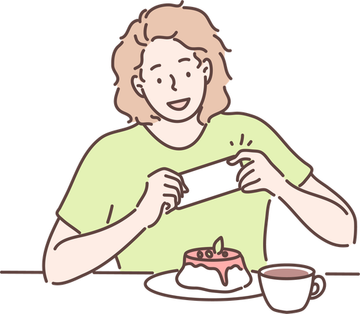 Mujer con cafe y pastel  Ilustración