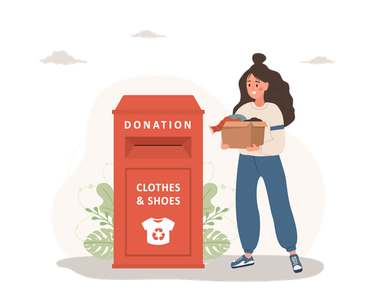 Mujer con caja de cartón entrega cosas para reciclar o donar. Contenedor de ropa o contenedor de reciclaje  Ilustración