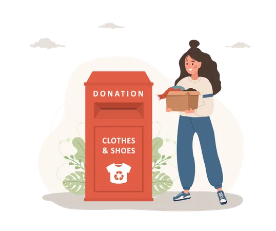 Mujer con caja de cartón entrega cosas para reciclar o donar. Contenedor de ropa o contenedor de reciclaje  Ilustración