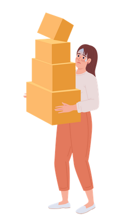 Mujer con pesadas cajas de cartón amontonadas en las manos  Ilustración