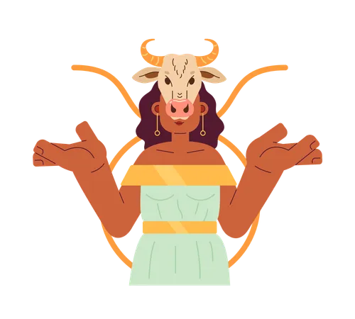 Mujer con cráneo de vaca en la cabeza.  Ilustración