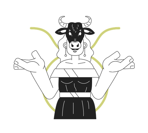Mujer con cráneo de vaca en la cabeza.  Ilustración