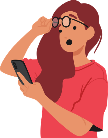 Mujer con camisa roja sosteniendo un teléfono inteligente con expresión de sorpresa  Illustration