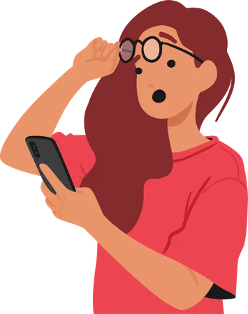 Mujer con camisa roja sosteniendo un teléfono inteligente con expresión de sorpresa  Illustration