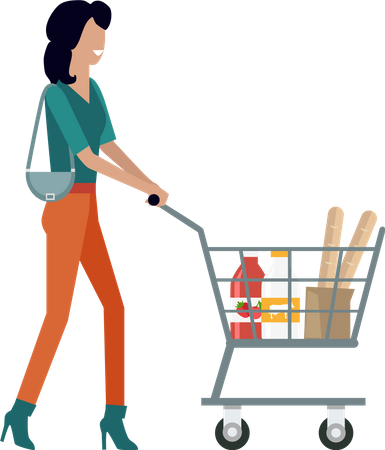 Mujer con carrito de compras  Ilustración