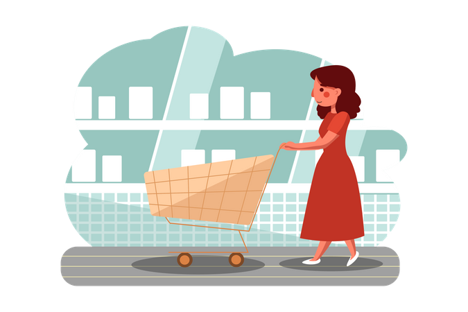 Mujer con carrito de compras  Ilustración