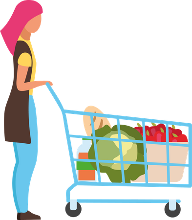 Mujer con carrito de compras haciendo compras  Ilustración