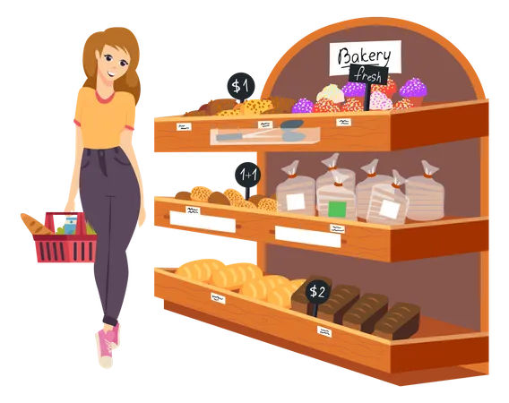 Mujer con carrito de compras elige pasteles en la tienda de comestibles  Ilustración