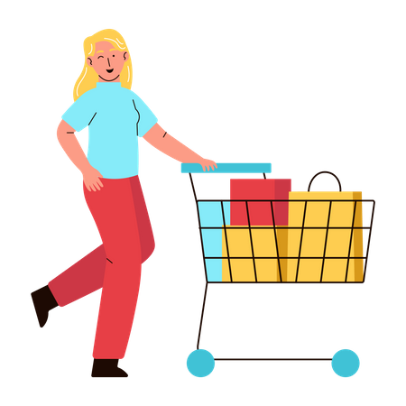 Mujer con carrito de compras  Ilustración