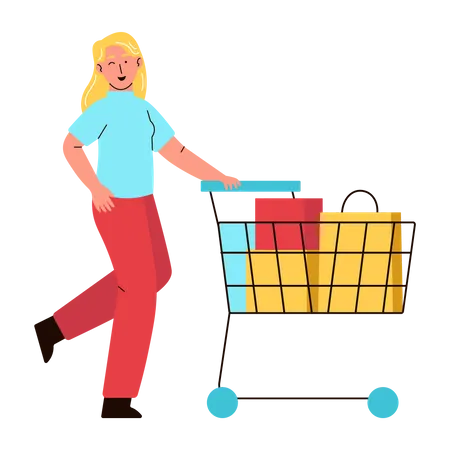 Mujer con carrito de compras  Ilustración