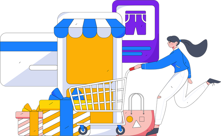 Mujer con carrito y aplicación de tienda online  Ilustración