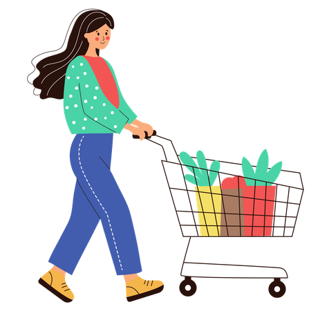 Mujer con carrito yendo a hacer compras  Ilustración