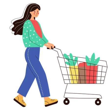 Mujer con carrito yendo a hacer compras  Ilustración