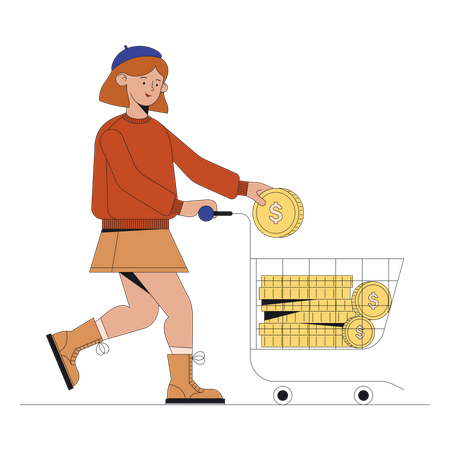 Mujer con canasta de monedas  Ilustración