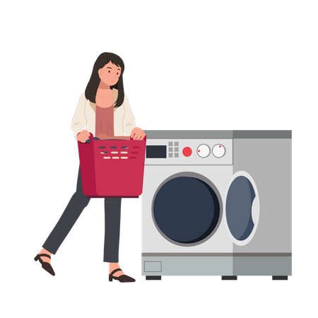 Mujer con cesta de tela y lavando ropa.  Ilustración