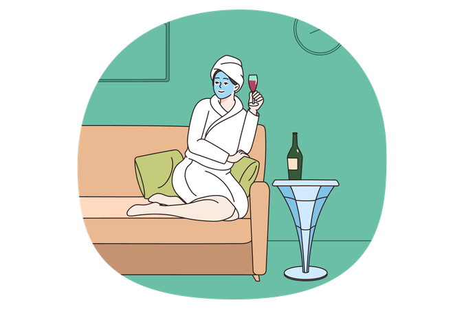 Mujer con champán disfruta de un día de belleza en el spa  Ilustración