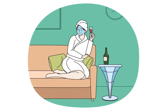 Mujer con champán disfruta de un día de belleza en el spa  Ilustración