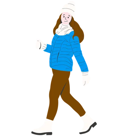 Mujer con chaqueta azul paseando en invierno  Ilustración