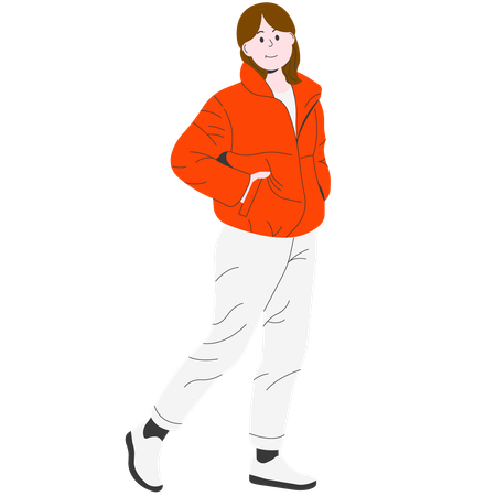 Mujer con chaqueta roja disfrutando de un paseo en invierno  Ilustración